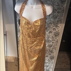 Gold Sequin Strapless Halter Evening Dress - Women